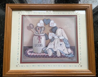 Pat Pearson 1990 Oak Framed Country Bunny With Spoons & Heart Print. Cottage Core, Granny Core, Country Farmhouse.