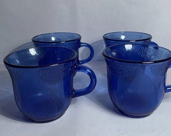 Set of 4. Fortecrisa Mexican Cobalt Blue Glass Coffee/Tea cup Textured
