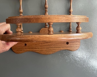 Vtg. Wood Shelf Half Round Oak Rail Country Farmhouse Cottagecore Wall Hanging Decor.