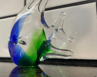 Angel Fish Art Glass Hand Blown Paperweight/Figurine Sapphire Blue/Emerald Green. Beach Decor.