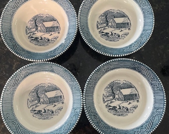 Vintage Set of 4 Currier and Ives Cereal Dessert Bowls Early Winter Schoolhouse Horse Buggy.