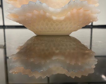 Milk Glass Lusterware Candy Trinket Dish Ruffled Sawtooth Edge Diamond Cut.