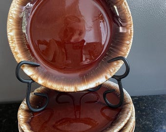 Vintage Brown Drip Glazed Stoneware Salad, Dessert, Plates. Set of 6.