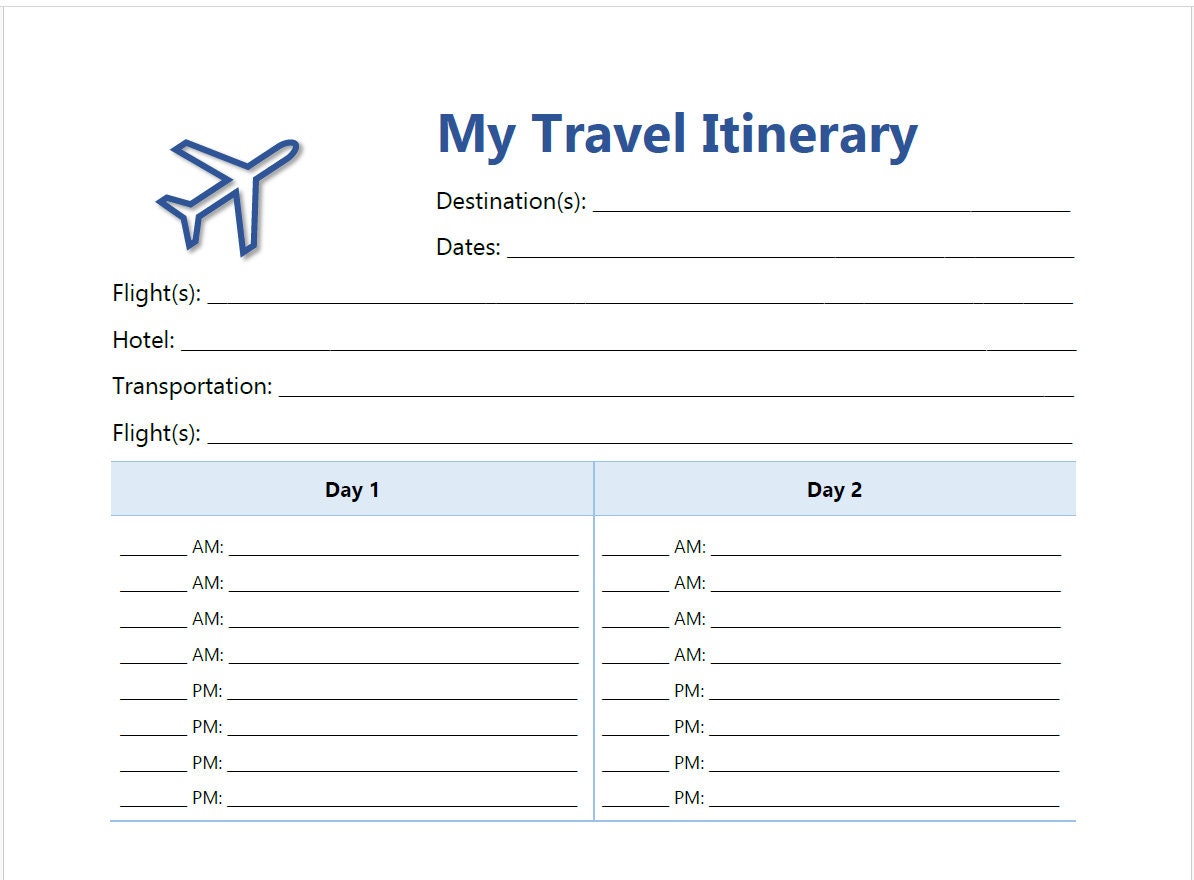Travel Itinerary Template (word Doc) - Etsy