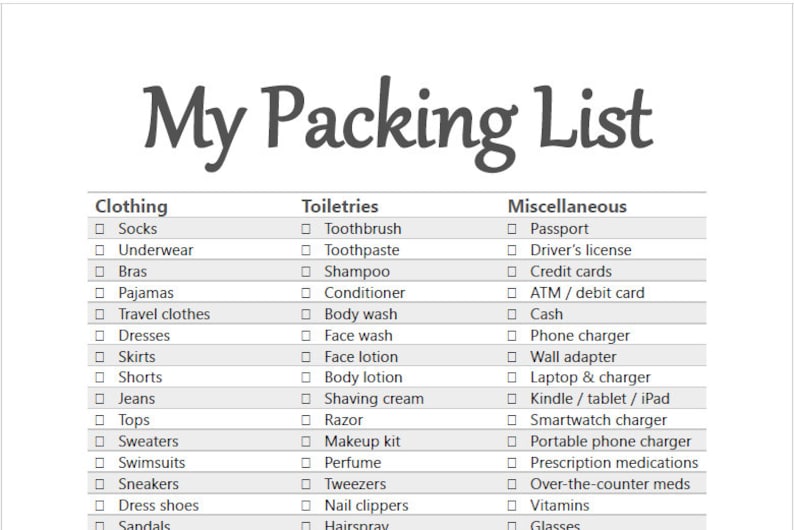 Travel Packing List Template (word Doc) - Etsy
