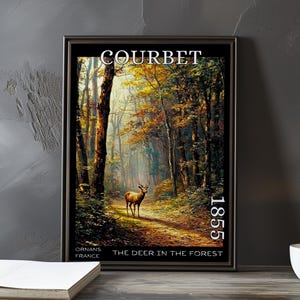 Cervo nella foresta 1855 – Stampa/manifesto di Gustave Courbet – Scena boschiva realista, arte murale rustica di caccia, decorazione paesaggistica francese con animali