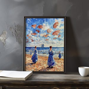 Póster de arte impresionista inspirado en Eugene Boudin: póster vintage junto al mar, escena de sombrilla de playa, obra de arte con vista al mar, impresionismo costero