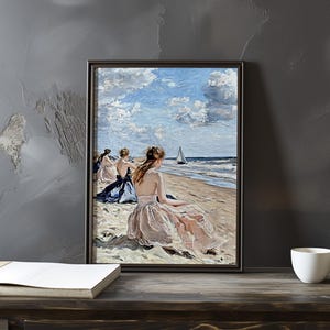 Póster de arte impresionista inspirado en Eugene Boudin: póster vintage junto al mar, escena de sombrilla de playa, obra de arte con vista al mar, impresionismo costero
