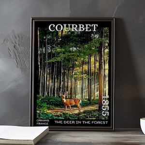 Cervo nella foresta 1855 – Stampa/manifesto di Gustave Courbet – Scena boschiva realista, arte murale rustica di caccia, decorazione paesaggistica francese con animali