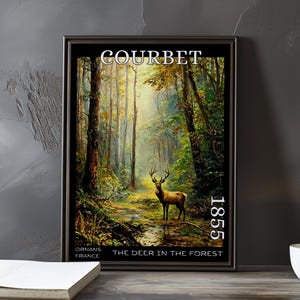 Cervo nella foresta 1855 – Stampa/manifesto di Gustave Courbet – Scena boschiva realista, arte murale rustica di caccia, decorazione paesaggistica francese con animali