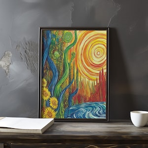 Vincent Van Gogh inspiriertes impressionistisches Kunstplakat - Lebhafte wirbelnde Sonne und üppige Sonnenblumen an einem fließenden Flussdruck - Van Gogh Wanddekoration