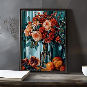 Stillleben mit Blumen und Früchten - Paul Cezanne inspirierter impressionistischer Kunstdruck - Französische Naturlandschaft Stillleben Poster-Impressionismus