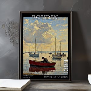 Barche all'ancora 1880 – Stampa/manifesto di Eugène Boudin – Arte marina francese, paesaggio marino en plein air, barche a vela nel porto e cielo, post impressionismo