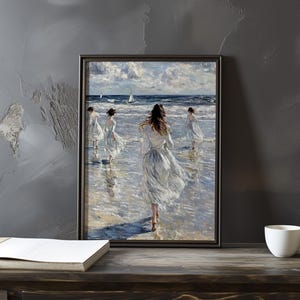 Póster de arte impresionista inspirado en Eugene Boudin: póster vintage junto al mar, escena de sombrilla de playa, obra de arte con vista al mar, impresionismo costero