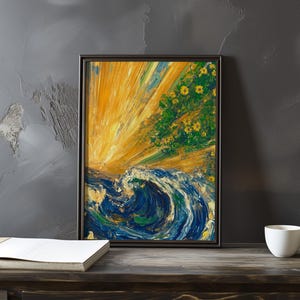 Vincent Van Gogh inspiriertes Impressionismus Kunstposter - Sunburst und Meereswellenszene mit floralen Akzenten - Fließende Landschaft mit lebendigen Wirbeln