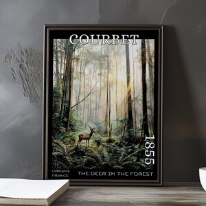 Cervo nella foresta 1855 – Stampa/manifesto di Gustave Courbet – Scena boschiva realista, arte murale rustica di caccia, decorazione paesaggistica francese con animali
