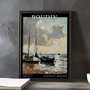 Barche all'ancora 1880 – Stampa/manifesto di Eugène Boudin – Arte marina francese, paesaggio marino en plein air, barche a vela nel porto e cielo, post impressionismo