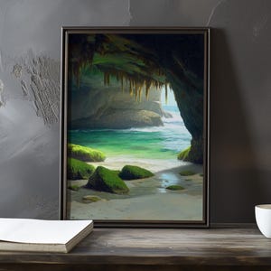 Una cueva o gruta con agua - Impresión de galería de arte impresionista inspirada en Gustave Courbet - Póster de paisaje costero - Impresión de Courbet Decoración del hogar