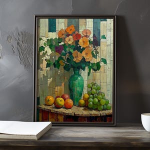 Stillleben mit Blumen und Früchten - Paul Cezanne inspirierter impressionistischer Kunstdruck - Französische Naturlandschaft Stillleben Poster-Impressionismus