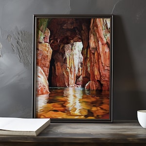 Una cueva o gruta con agua - Impresión de galería de arte impresionista inspirada en Gustave Courbet - Póster de paisaje costero - Impresión de Courbet Decoración del hogar