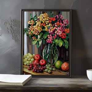 Stillleben mit Blumen und Früchten - Paul Cezanne inspirierter impressionistischer Kunstdruck - Französische Naturlandschaft Stillleben Poster-Impressionismus