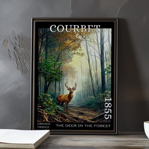 Cervo nella foresta 1855 – Stampa/manifesto di Gustave Courbet – Scena boschiva realista, arte murale rustica di caccia, decorazione paesaggistica francese con animali