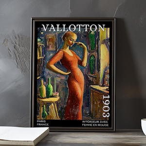 Intérieur avec femme en rouge 1903 – Stampa/poster di Félix Vallotton – Dipinto Nabis, post impressionismo, arredamento artistico con figure francesi del XX secolo