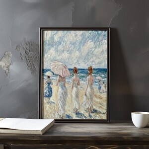 Póster de arte impresionista inspirado en Eugene Boudin: póster vintage junto al mar, impresión de sombrilla de playa, obra de arte con vista al mar, impresionismo costero