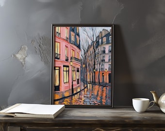 Gustave Caillebotte-Inspired Parisian Street Scene - Realistic Urban Landscape with Rainy Reflection - Impressionist Realism Wall art Print