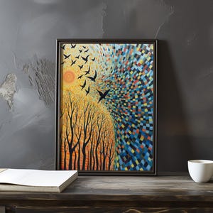 Vincent Van Gogh inspirierter sonnenbeschienener Wald und Vögel im Flug - Wirbelnder Himmel Impressionismus Kunst Kunst Poster - Van Gogh Wanddekor - Van Gogh Druck