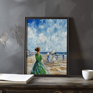 Póster de arte impresionista inspirado en Eugene Boudin: póster vintage junto al mar, impresión de sombrilla de playa, obra de arte con vista al mar, impresionismo costero