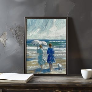 Póster de arte impresionista inspirado en Eugene Boudin: póster vintage junto al mar, impresión de sombrilla de playa, obra de arte con vista al mar, impresionismo costero