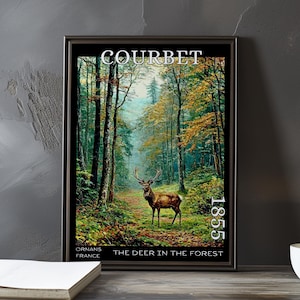 Cervo nella foresta 1855 – Stampa/manifesto di Gustave Courbet – Scena boschiva realista, arte murale rustica di caccia, decorazione paesaggistica francese con animali