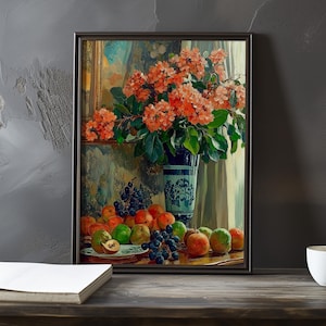 Stillleben mit Blumen und Früchten - Paul Cezanne inspirierter impressionistischer Kunstdruck - Französische Naturlandschaft Stillleben Poster-Impressionismus