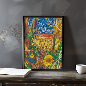 Vincent Van Gogh inspiriertes Impressionismus Kunstposter – Sternenhimmel über Sonnenblumen in einer farbenfrohen impressionistischen Landschaft