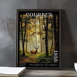 Cervo nella foresta 1855 – Stampa/manifesto di Gustave Courbet – Scena boschiva realista, arte murale rustica di caccia, decorazione paesaggistica francese con animali