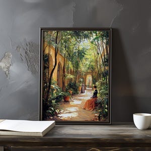 May include: A framed painting of a garden scene with figures in historical attire. The artwork shows a path lined with trees and arches, with a woman in an orange dress. A white teacup, teapot, and notepad are on a dark wooden surface.