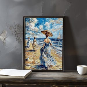 Póster de arte impresionista inspirado en Eugene Boudin: póster vintage junto al mar, escena de sombrilla de playa, obra de arte con vista al mar, impresionismo costero