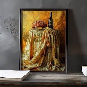Still Life with Bread and Wine - Paul Cezanne Inspired Impressionist Art Print - French natural landscape still life Poster - Impressionism
