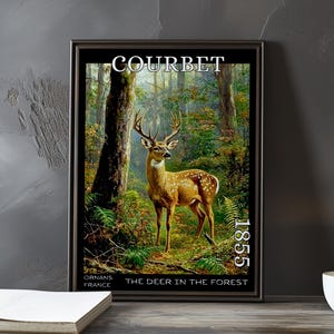 Cervo nella foresta 1855 – Stampa/manifesto di Gustave Courbet – Scena boschiva realista, arte murale rustica di caccia, decorazione paesaggistica francese con animali