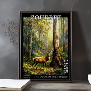 Cervo nella foresta 1855 – Stampa/manifesto di Gustave Courbet – Scena boschiva realista, arte murale rustica di caccia, decorazione paesaggistica francese con animali