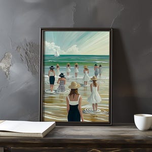 Póster de arte impresionista inspirado en Eugene Boudin: póster vintage junto al mar, escena de sombrilla de playa, obra de arte con vista al mar, impresionismo costero