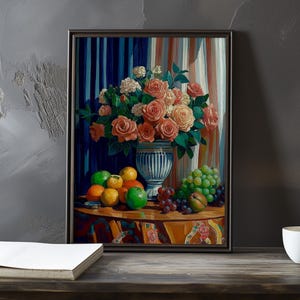 Stillleben mit Blumen und Früchten - Paul Cezanne inspirierter impressionistischer Kunstdruck - Französische Naturlandschaft Stillleben Poster-Impressionismus