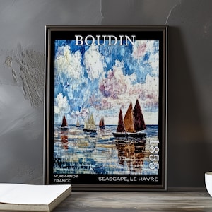 Paesaggio marino, Le Havre 1855 – Stampa/manifesto di Eugène Boudin – prima pittura costiera, cielo marittimo francese, paesaggio marino pre-impressionista