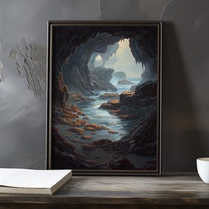 Una cueva o gruta con agua - Impresión de galería de arte impresionista inspirada en Gustave Courbet - Póster de paisaje costero - Impresión de Courbet Decoración del hogar