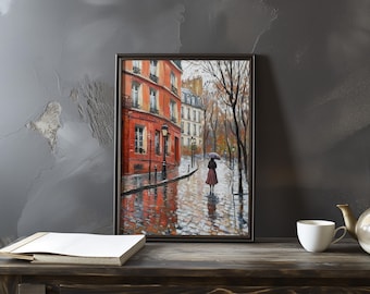 Gustave Caillebotte-Inspired Parisian Street Scene - Realistic Urban Landscape with Rainy Reflection - Impressionist Realism Wall art Print