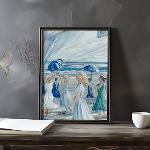Póster de arte impresionista inspirado en Eugene Boudin: póster vintage junto al mar, impresión de sombrilla de playa, obra de arte con vista al mar, impresionismo costero