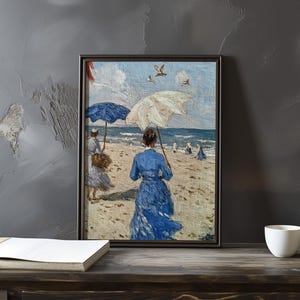 Póster de arte impresionista inspirado en Eugene Boudin: póster vintage junto al mar, impresión de sombrilla de playa, obra de arte con vista al mar, impresionismo costero