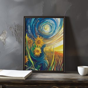 Vincent Van Gogh inspirierte Sonnenblume und wirbelnder Himmel Impressionismus Kunst Poster - Van Gogh Wanddekor - Van Gogh Druck - wirbelnder Himmel Gemälde