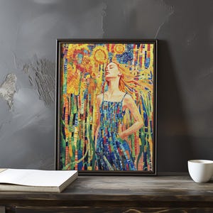 Vincent Van Gogh inspirierter Impressionismus Kunstposter – Strahlende Frau mit Sonnenblumen in leuchtenden Farben - impressionistische Landschaftsdruck